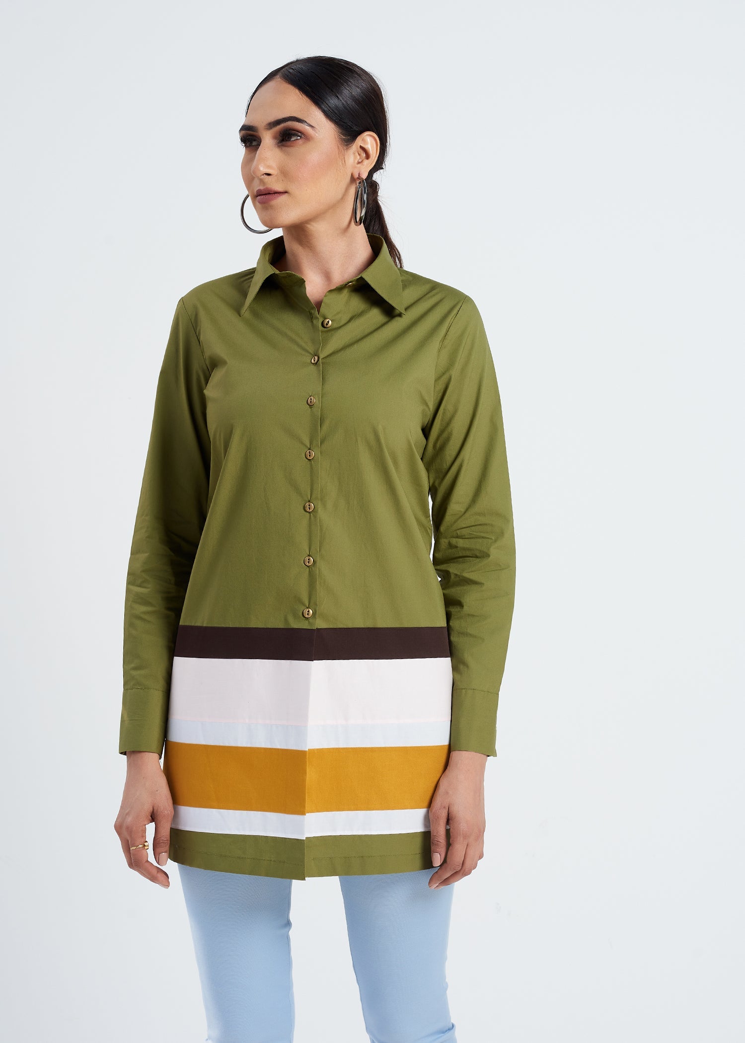 OLIVE COLOR BLOCK LONG SHIRT