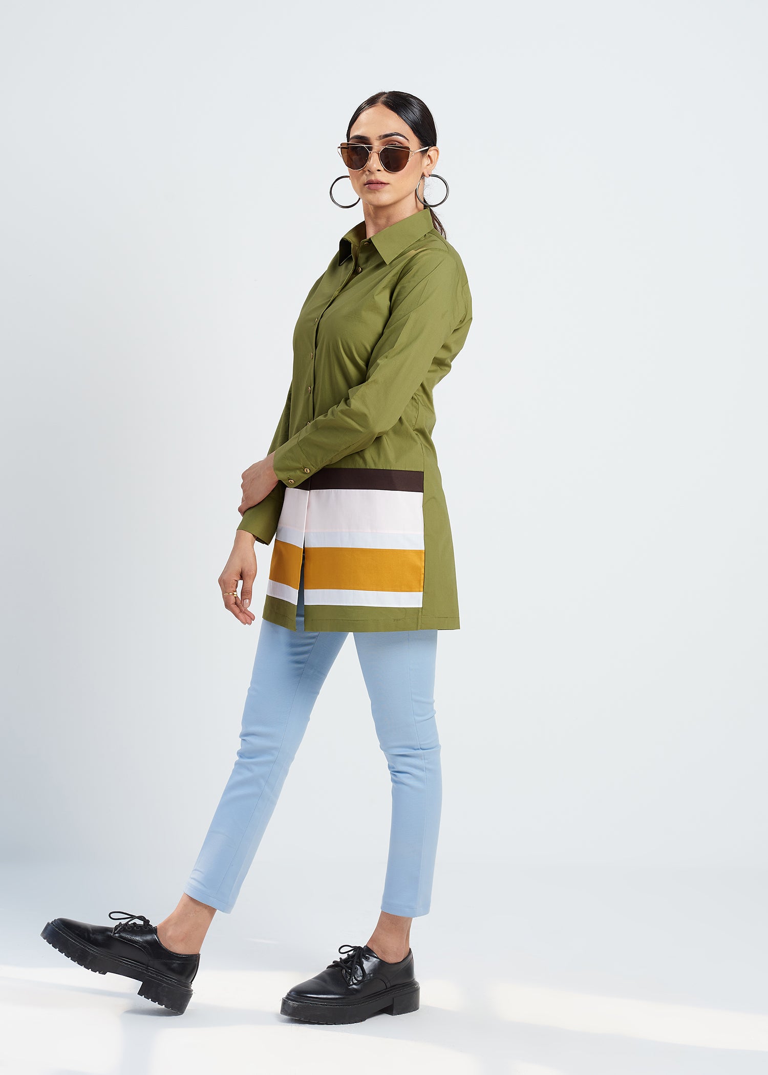 OLIVE COLOR BLOCK LONG SHIRT