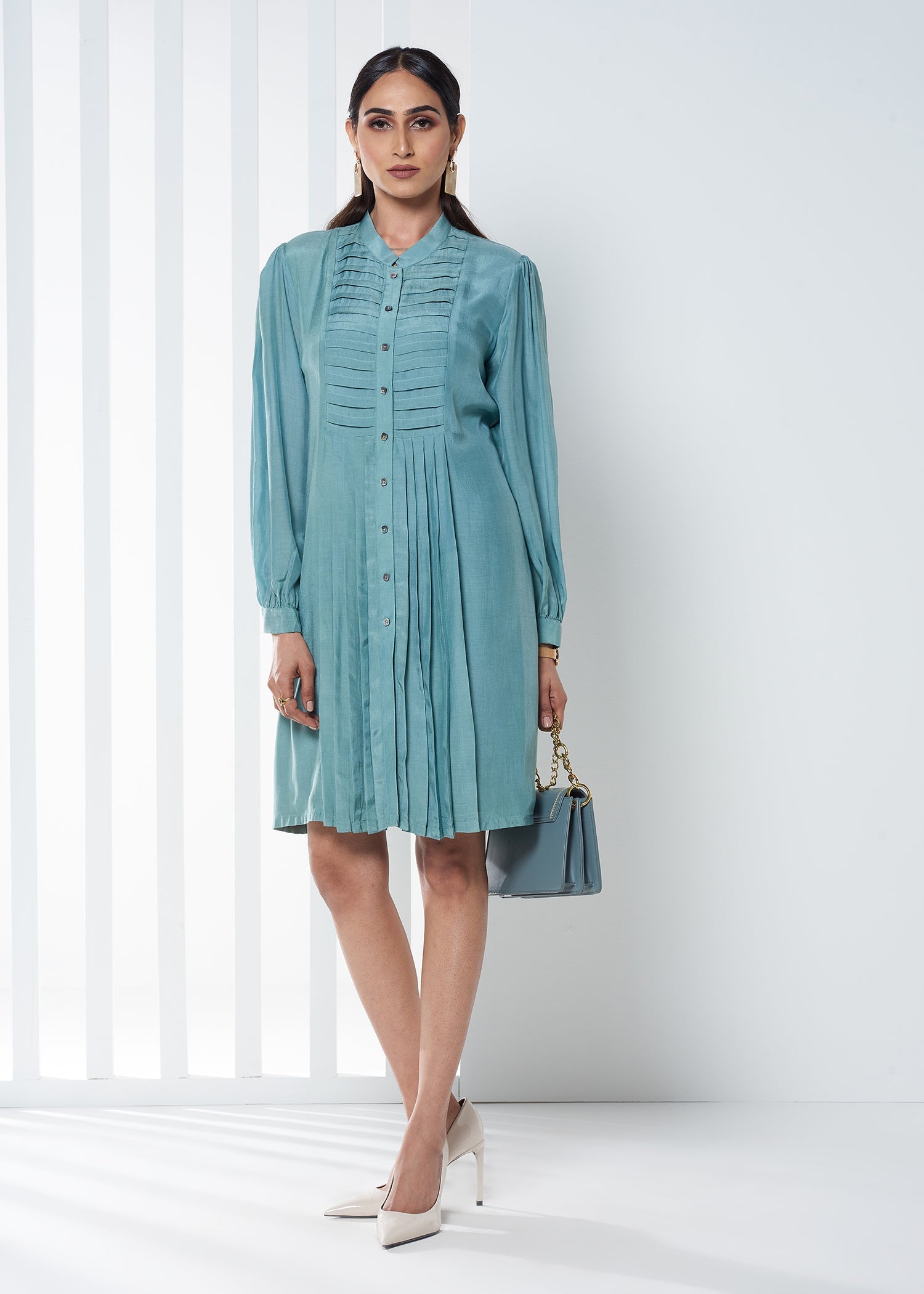 PLEATED TEAL DRESS