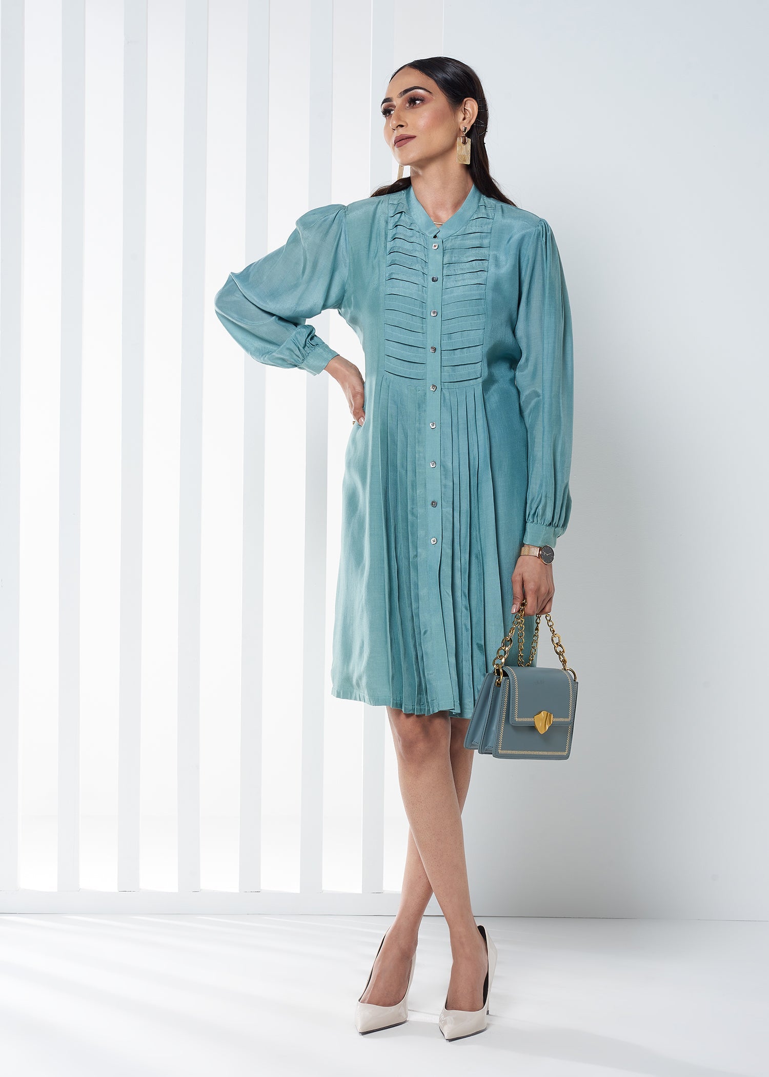 PLEATED TEAL DRESS