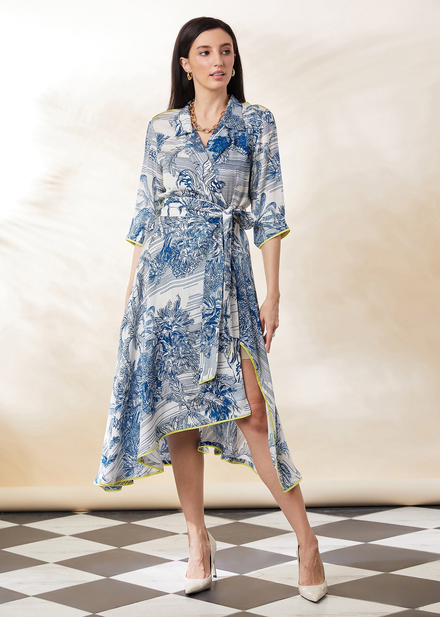 BLUE STENCIL WRAP DRESS