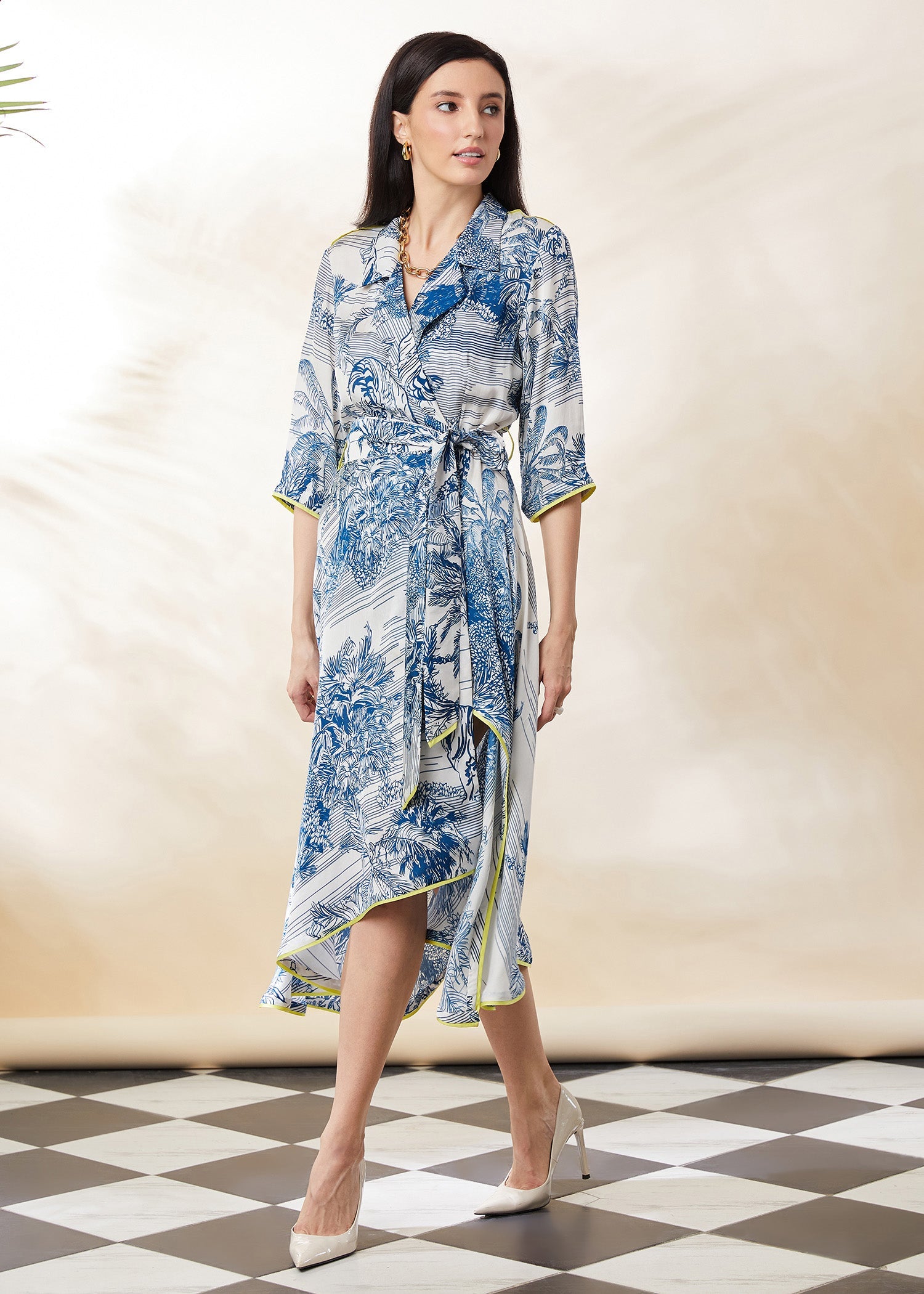 BLUE STENCIL WRAP DRESS