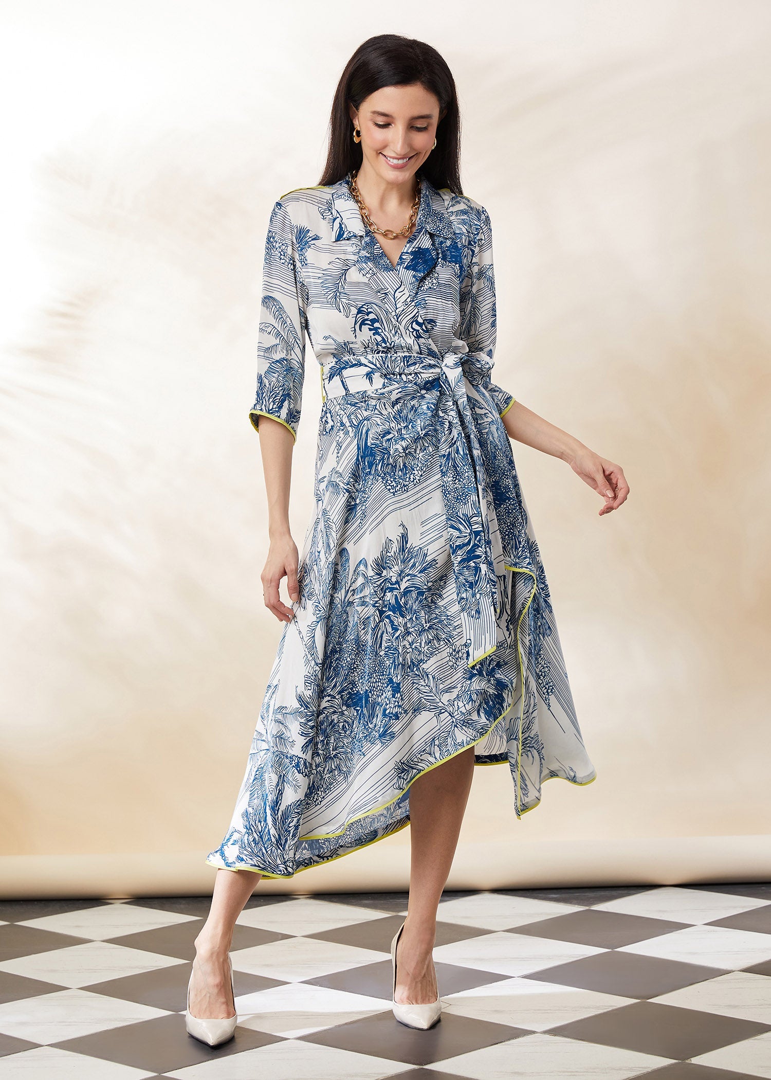 BLUE STENCIL WRAP DRESS